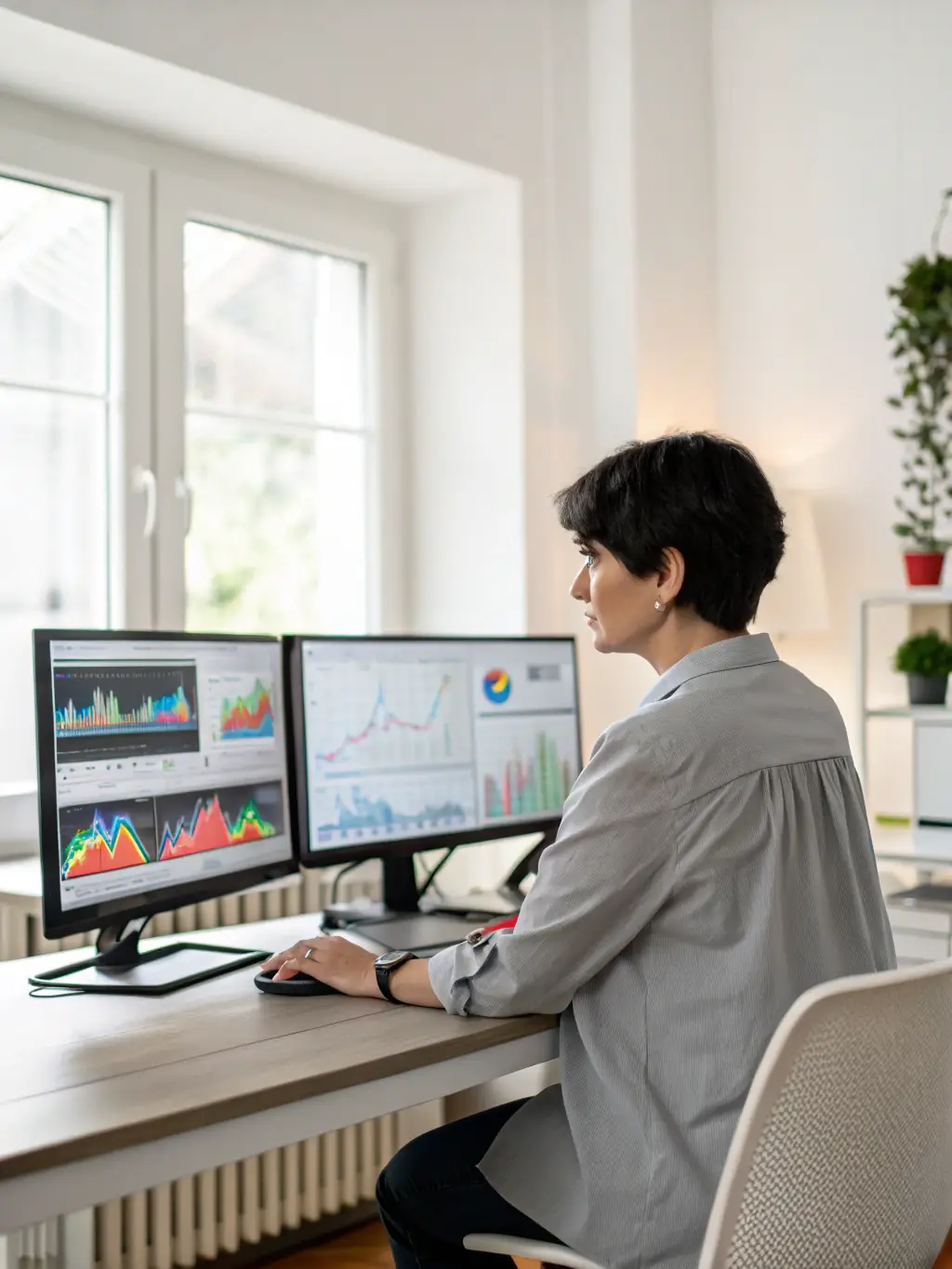 A professional business consultant analyzing financial data on a computer screen, representing M&A advisory services.
