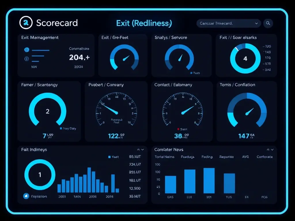 A visual of a scorecard with various metrics indicating a company's exit readiness status, highlighting areas for improvement.