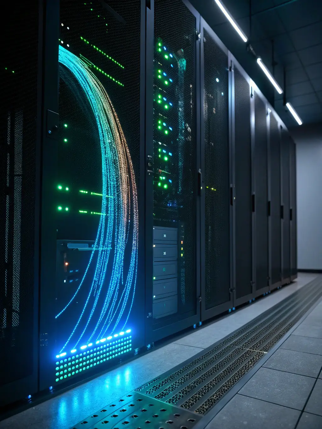 A futuristic graphic showcasing data streams converging into a central AI engine, symbolizing the power and efficiency of NextMerge.ai's platform.